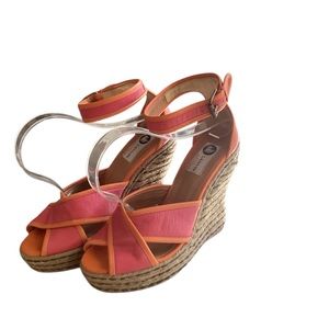 Lanvin Paris Calf Leather Jute Espadrilles Sz 39 Orange Pink Wedge Shoes EUC